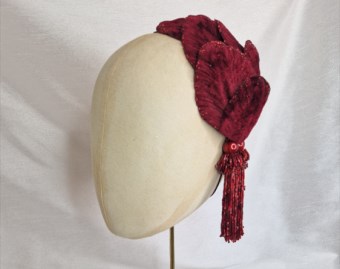 Burgundy velvet petal half hat fascinator with beaded tassels